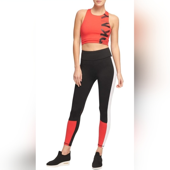 DKNY Sport Colorblocked High-Rise Mesh Inset Ankle Leggings - Picture 2 of 5